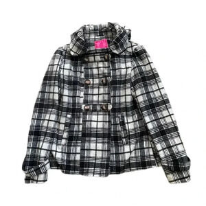 Pink Envelope Plaid Hooded Button Down Black and White Peacoat Junior’s Large